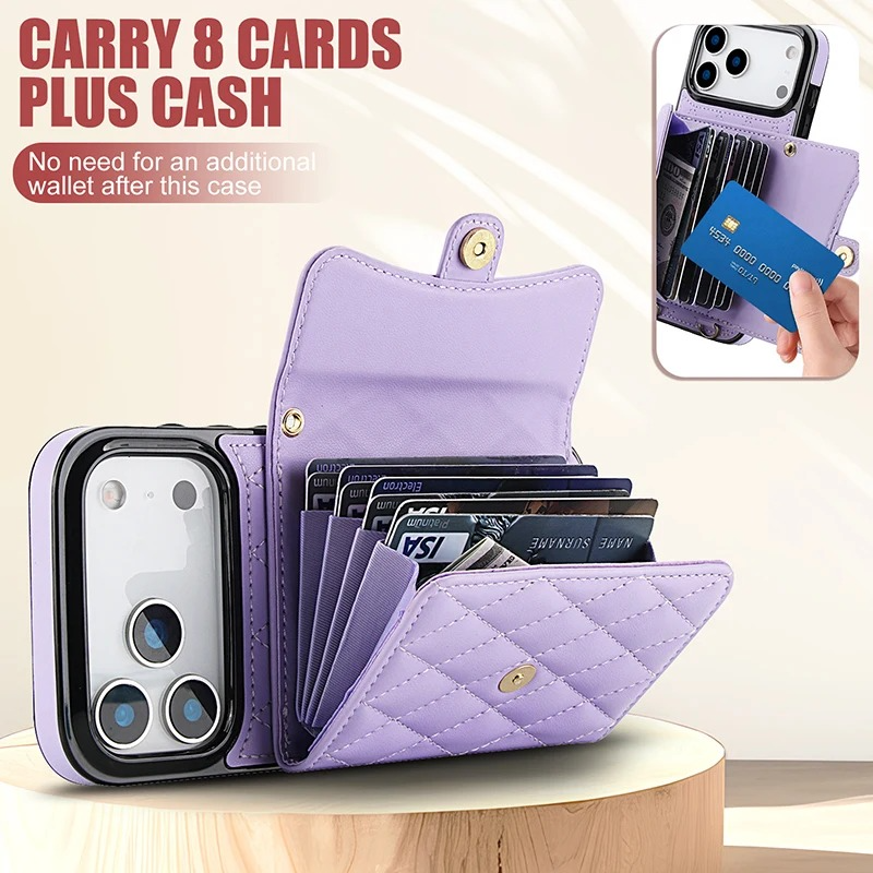 Luxury iPhone Case — Crossbody Leather Wallet Cover with Wrist & Shoulder Strap, Card & Coin Storage, Non-Slip Shockproof Design