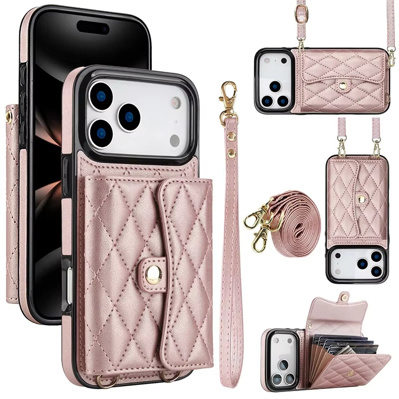 Luxury iPhone Case — Crossbody Leather Wallet Cover with Wrist & Shoulder Strap, Card & Coin Storage, Non-Slip Shockproof Design
