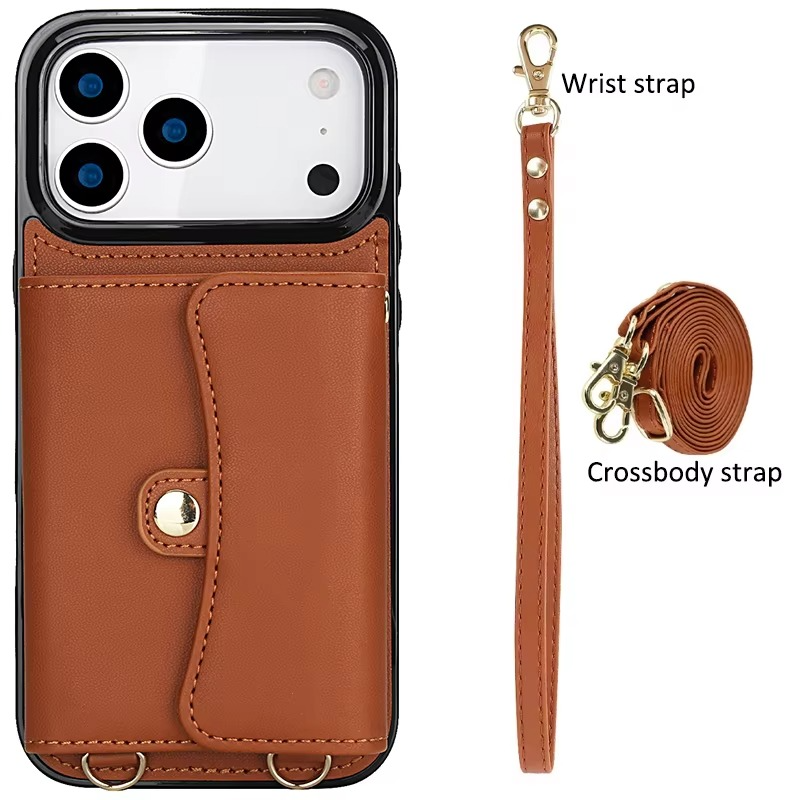 Luxury iPhone Case — Crossbody Leather Wallet Cover with Wrist & Shoulder Strap, Card & Coin Storage, Non-Slip Shockproof Design