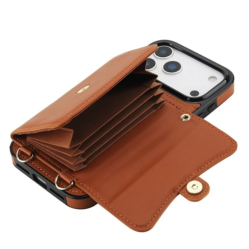 Luxury iPhone Case — Crossbody Leather Wallet Cover with Wrist & Shoulder Strap, Card & Coin Storage, Non-Slip Shockproof Design