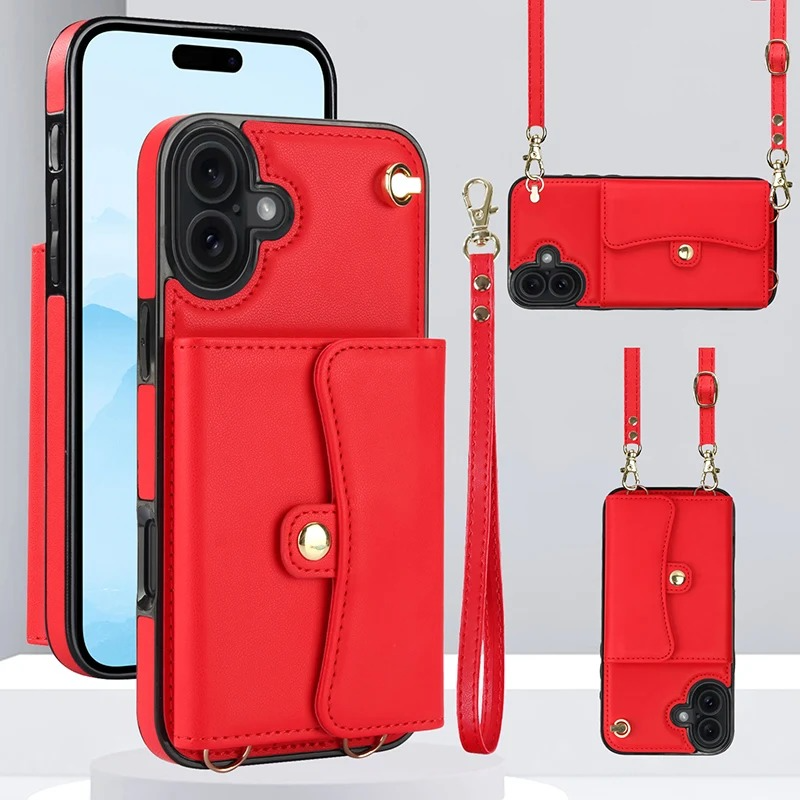 Luxury iPhone Case — Crossbody Leather Wallet Cover with Wrist & Shoulder Strap, Card & Coin Storage, Non-Slip Shockproof Design
