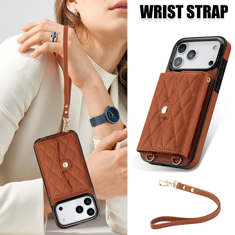 Luxury iPhone Case — Crossbody Leather Wallet Cover with Wrist & Shoulder Strap, Card & Coin Storage, Non-Slip Shockproof Design