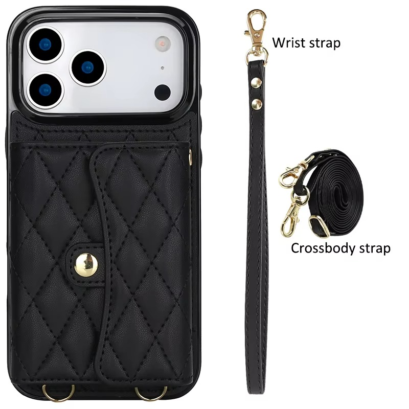 Luxury iPhone Case — Crossbody Leather Wallet Cover with Wrist & Shoulder Strap, Card & Coin Storage, Non-Slip Shockproof Design