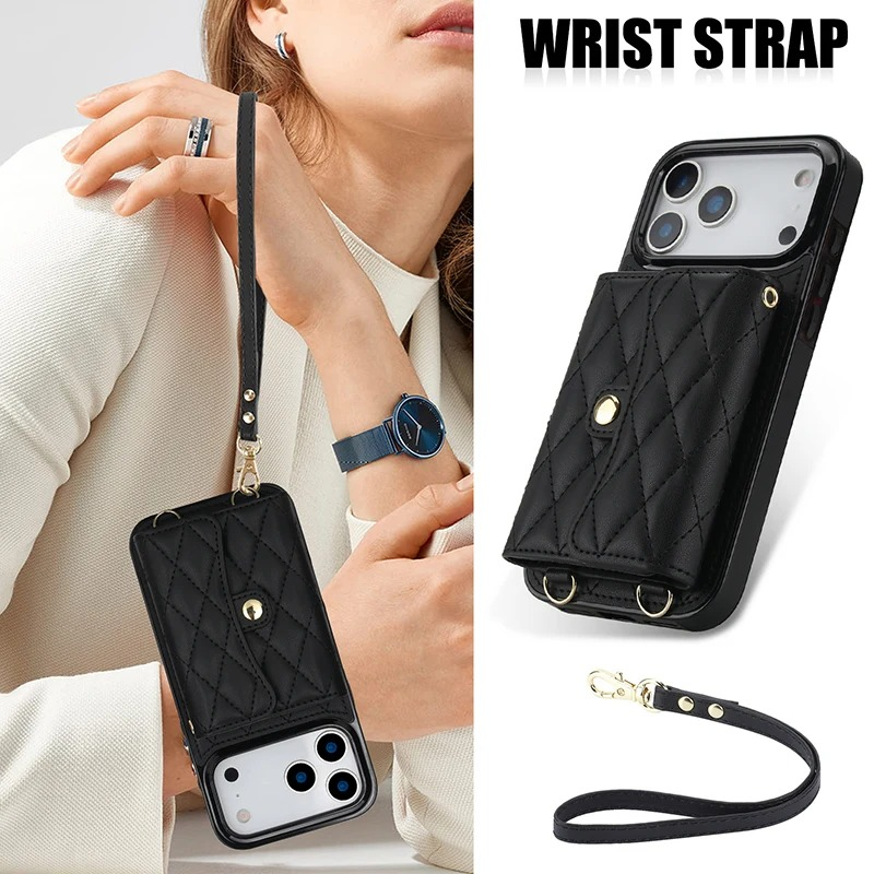 Luxury iPhone Case — Crossbody Leather Wallet Cover with Wrist & Shoulder Strap, Card & Coin Storage, Non-Slip Shockproof Design