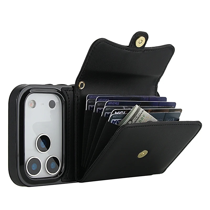 Luxury iPhone Case — Crossbody Leather Wallet Cover with Wrist & Shoulder Strap, Card & Coin Storage, Non-Slip Shockproof Design