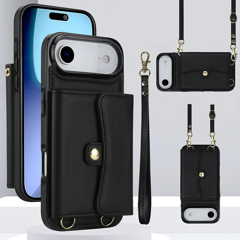 Luxury iPhone Case — Crossbody Leather Wallet Cover with Wrist & Shoulder Strap, Card & Coin Storage, Non-Slip Shockproof Design