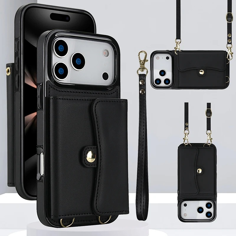 Luxury iPhone Case — Crossbody Leather Wallet Cover with Wrist & Shoulder Strap, Card & Coin Storage, Non-Slip Shockproof Design