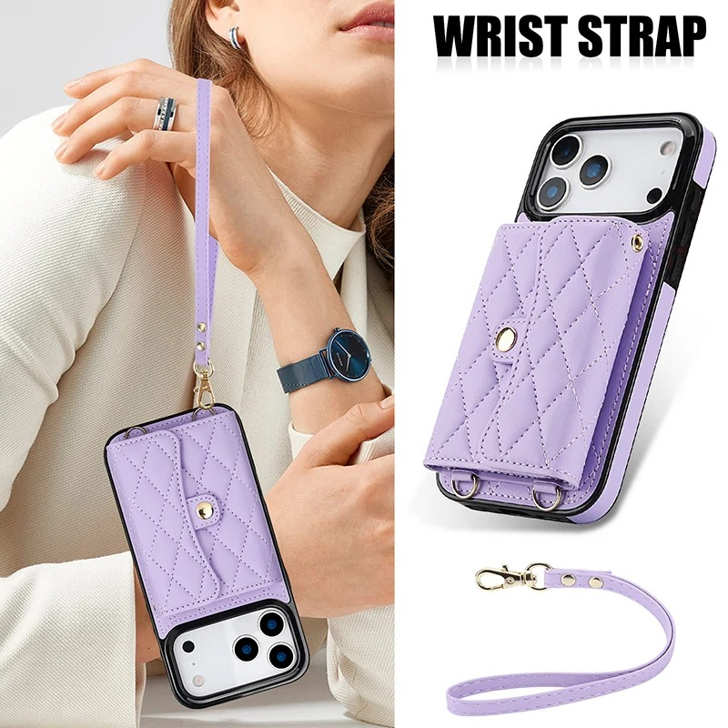 Luxury iPhone Case — Crossbody Leather Wallet Cover with Wrist & Shoulder Strap, Card & Coin Storage, Non-Slip Shockproof Design