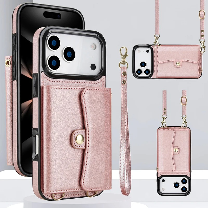 Luxury iPhone Case — Crossbody Leather Wallet Cover with Wrist & Shoulder Strap, Card & Coin Storage, Non-Slip Shockproof Design