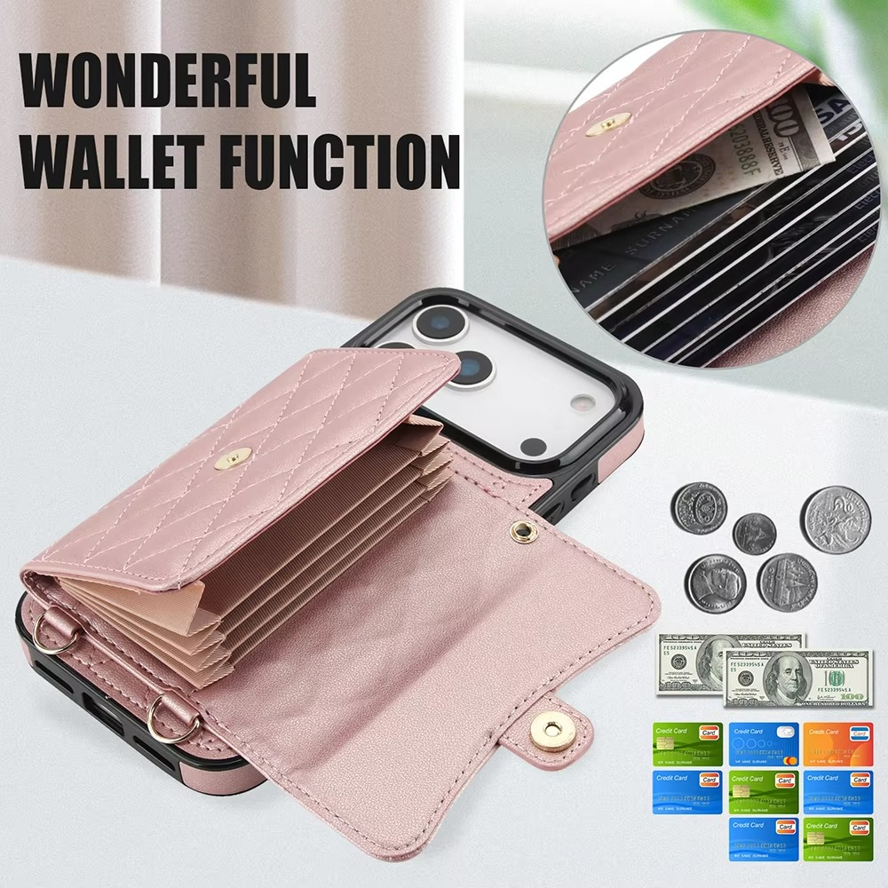 Luxury iPhone Case — Crossbody Leather Wallet Cover with Wrist & Shoulder Strap, Card & Coin Storage, Non-Slip Shockproof Design