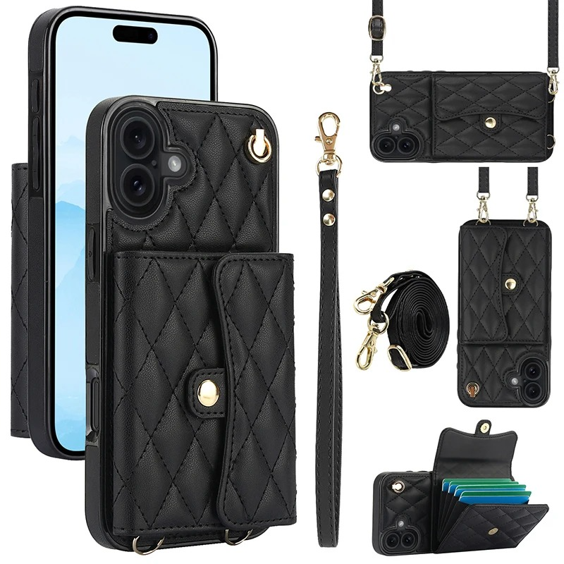 Luxury iPhone Case — Crossbody Leather Wallet Cover with Wrist & Shoulder Strap, Card & Coin Storage, Non-Slip Shockproof Design