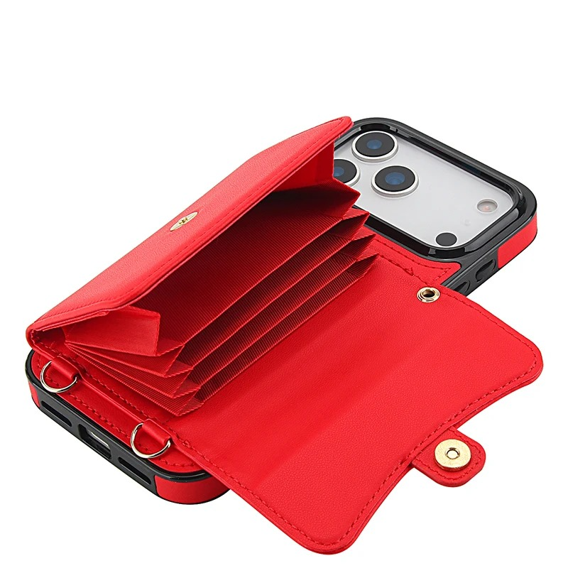 Luxury iPhone Case — Crossbody Leather Wallet Cover with Wrist & Shoulder Strap, Card & Coin Storage, Non-Slip Shockproof Design