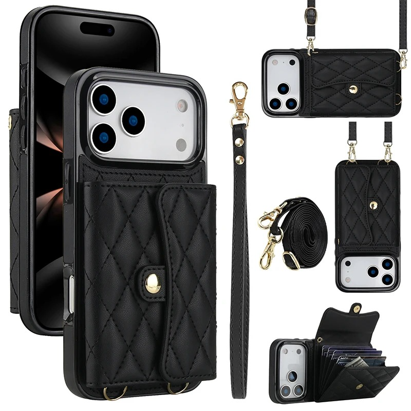 Luxury iPhone Case — Crossbody Leather Wallet Cover with Wrist & Shoulder Strap, Card & Coin Storage, Non-Slip Shockproof Design