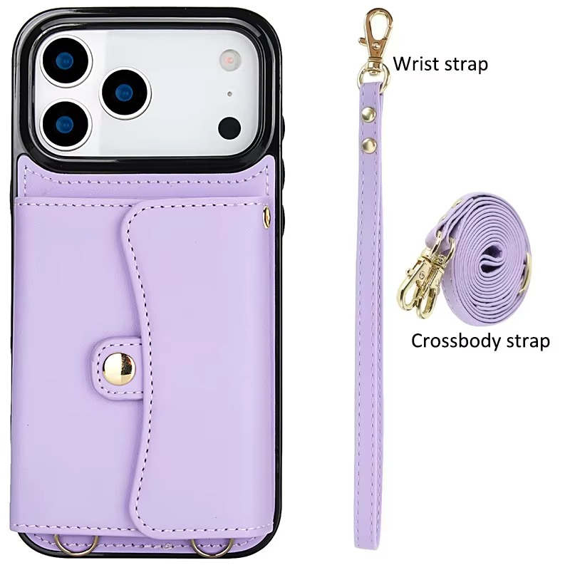 Luxury iPhone Case — Crossbody Leather Wallet Cover with Wrist & Shoulder Strap, Card & Coin Storage, Non-Slip Shockproof Design