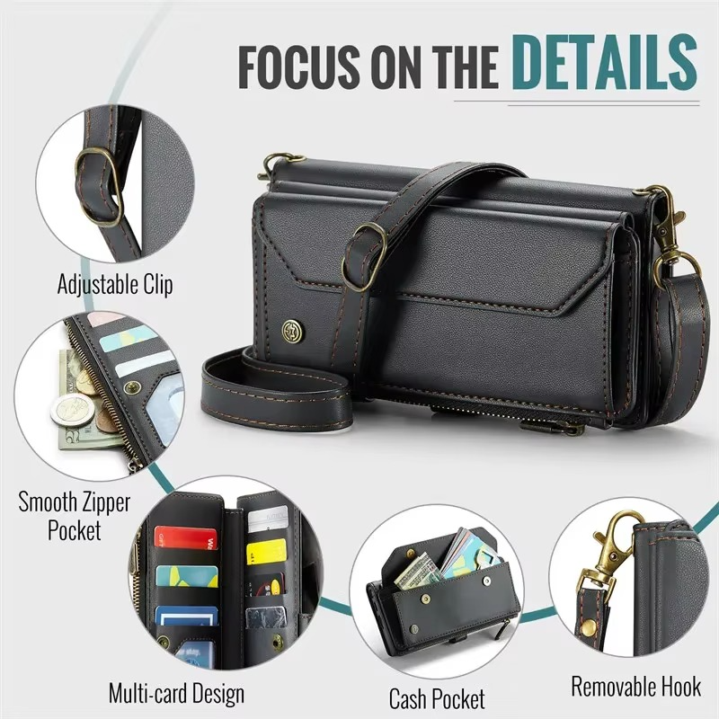 Luxury iPhone Case — RFID-Blocking PU Leather Wallet Cover with 7-Card Holder, Zipper Bill Compartment and Wristlet Shoulder Strap Design
