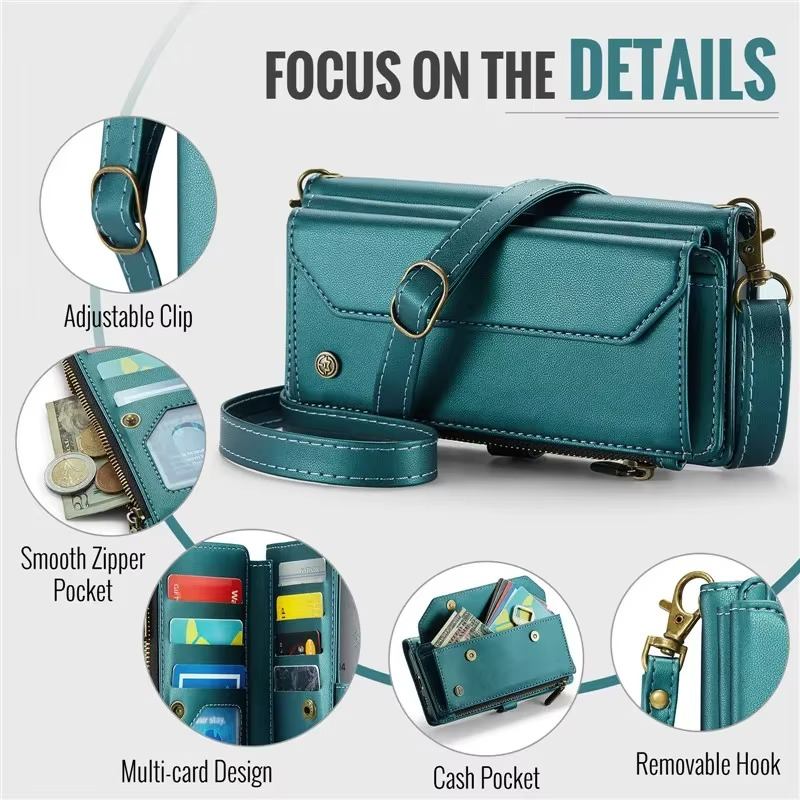 Luxury iPhone Case — RFID-Blocking PU Leather Wallet Cover with 7-Card Holder, Zipper Bill Compartment and Wristlet Shoulder Strap Design