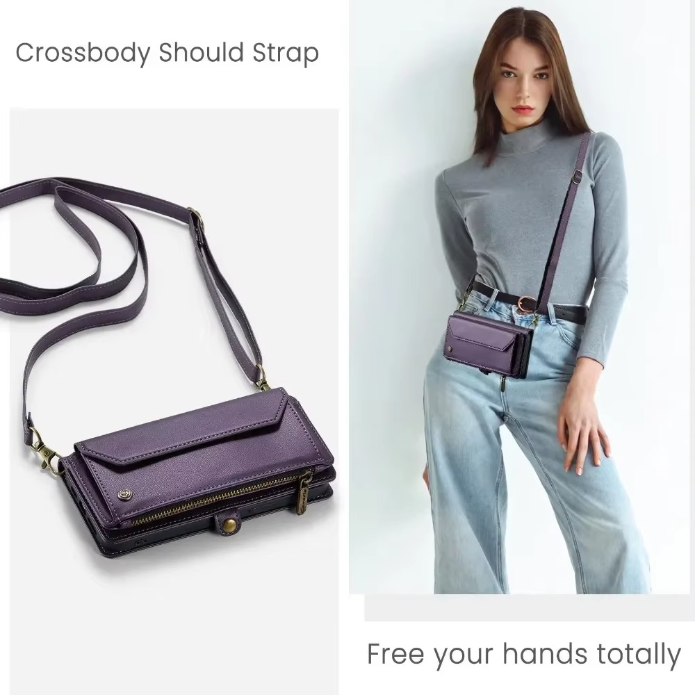 Luxury iPhone Case — RFID-Blocking PU Leather Wallet Cover with 7-Card Holder, Zipper Bill Compartment and Wristlet Shoulder Strap Design