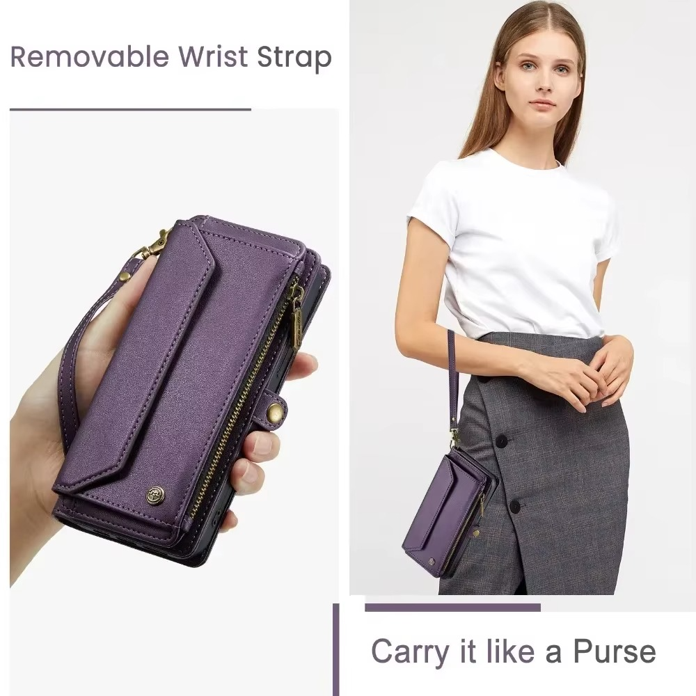 Luxury iPhone Case — RFID-Blocking PU Leather Wallet Cover with 7-Card Holder, Zipper Bill Compartment and Wristlet Shoulder Strap Design