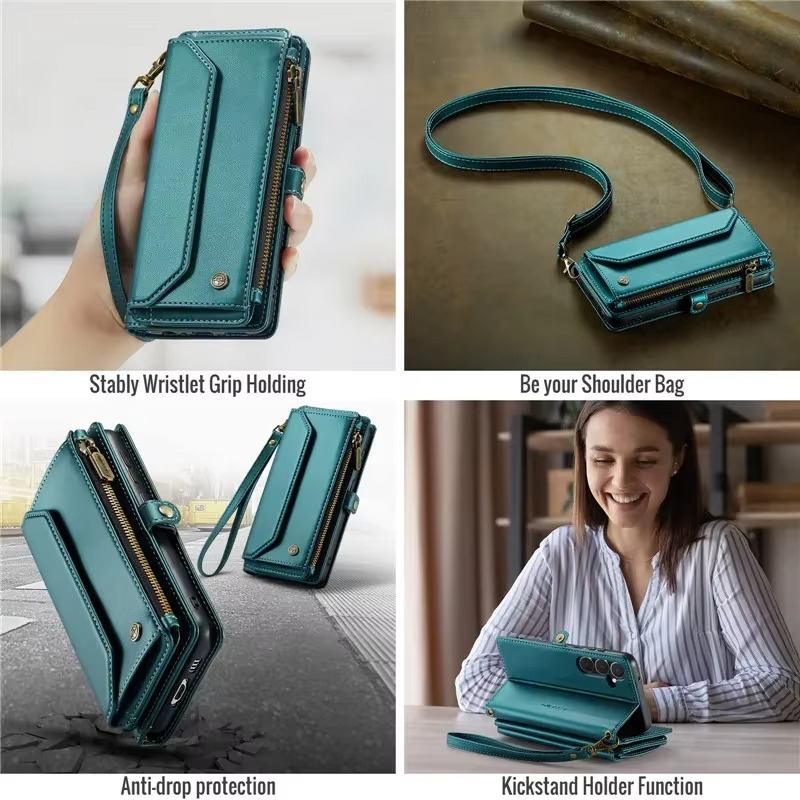 Luxury iPhone Case — RFID-Blocking PU Leather Wallet Cover with 7-Card Holder, Zipper Bill Compartment and Wristlet Shoulder Strap Design
