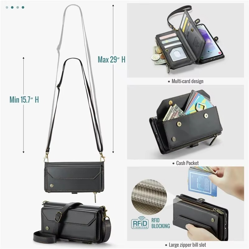 Luxury iPhone Case — RFID-Blocking PU Leather Wallet Cover with 7-Card Holder, Zipper Bill Compartment and Wristlet Shoulder Strap Design