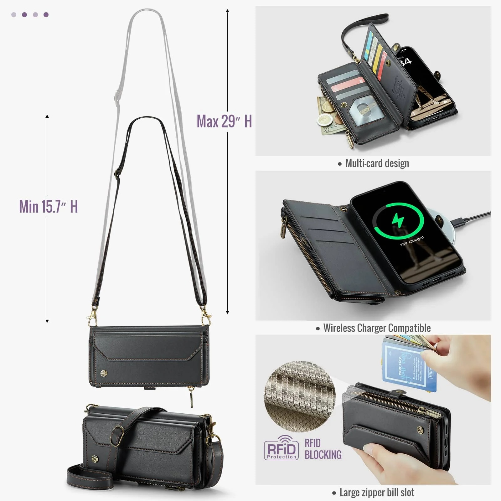 Luxury iPhone Case — Crossbody PU Leather Wallet Flip Cover with RFID Blocking, 7–10 Card Slots, Wristlet Strap & Shockproof Full-Body Protection