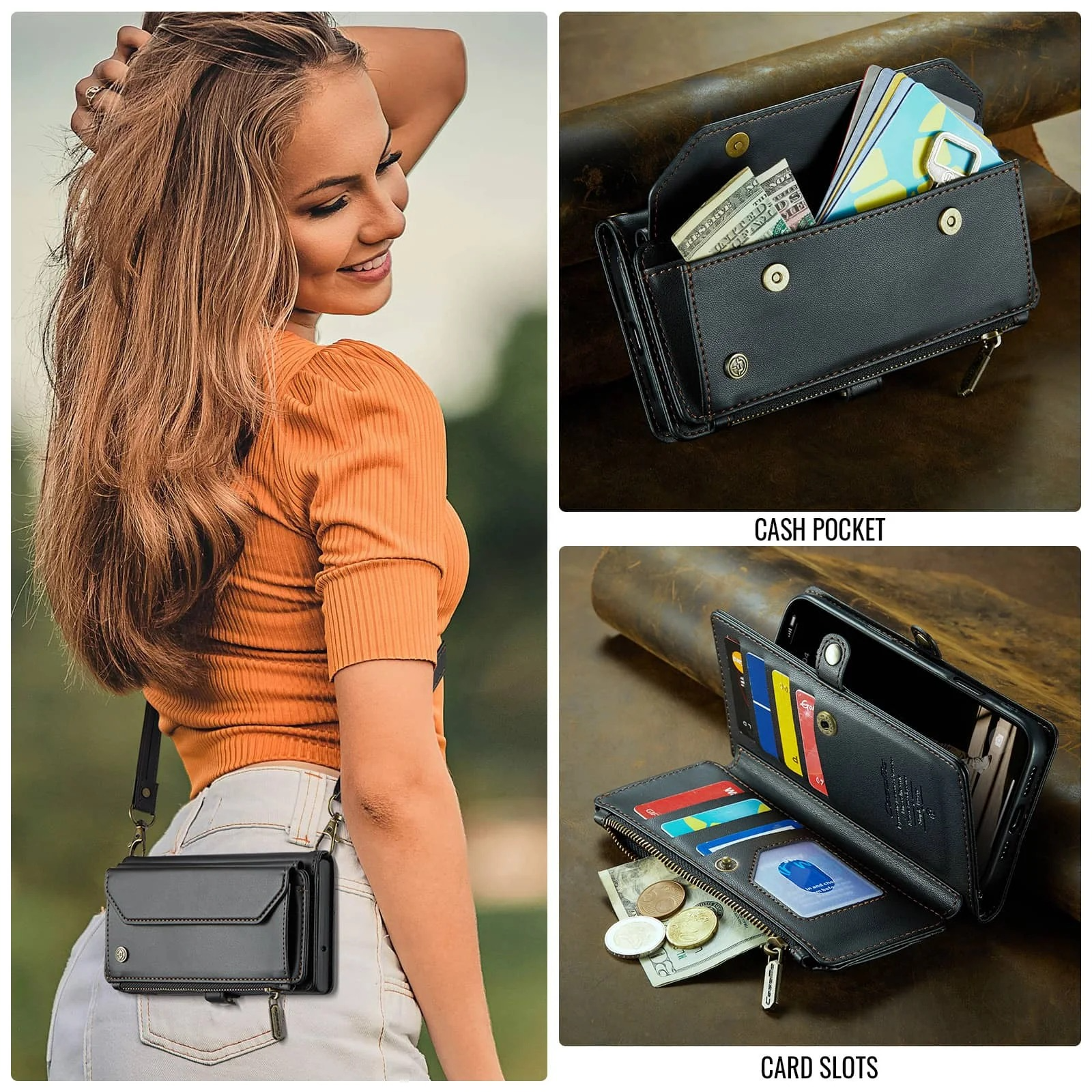 Luxury iPhone Case — Crossbody PU Leather Wallet Flip Cover with RFID Blocking, 7–10 Card Slots, Wristlet Strap & Shockproof Full-Body Protection