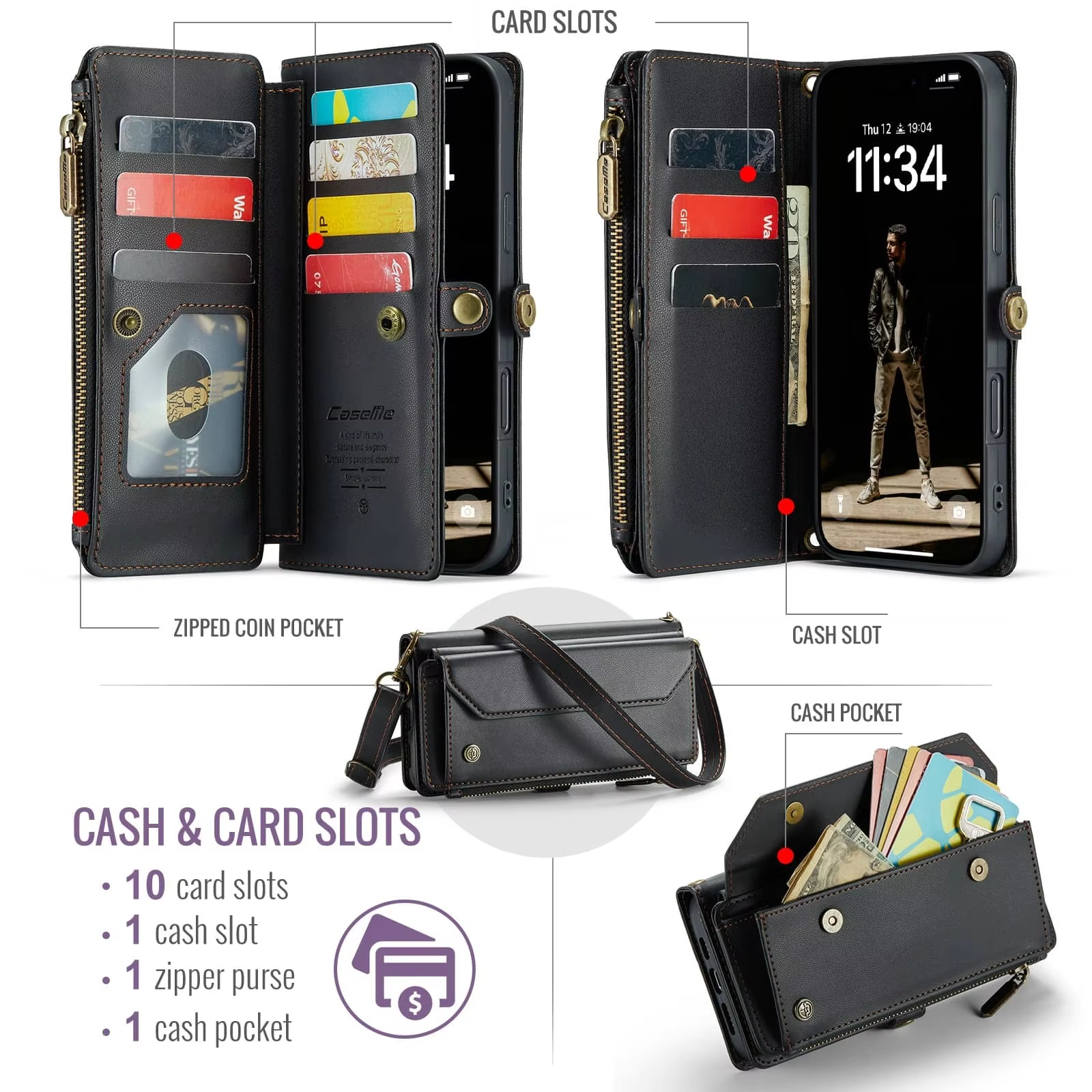 Luxury iPhone Case — Crossbody PU Leather Wallet Flip Cover with RFID Blocking, 7–10 Card Slots, Wristlet Strap & Shockproof Full-Body Protection