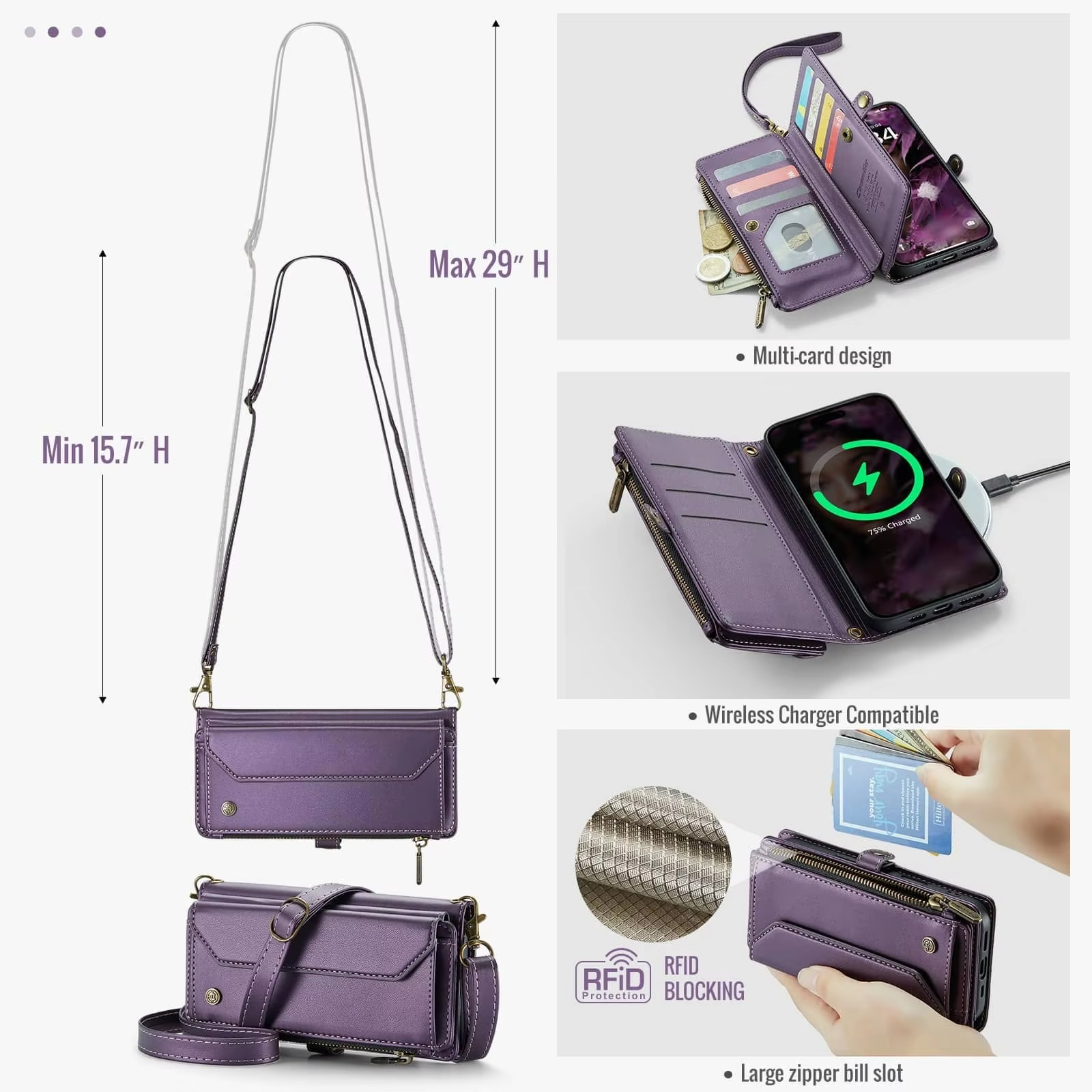 Luxury iPhone Case — Crossbody PU Leather Wallet Flip Cover with RFID Blocking, 7–10 Card Slots, Wristlet Strap & Shockproof Full-Body Protection
