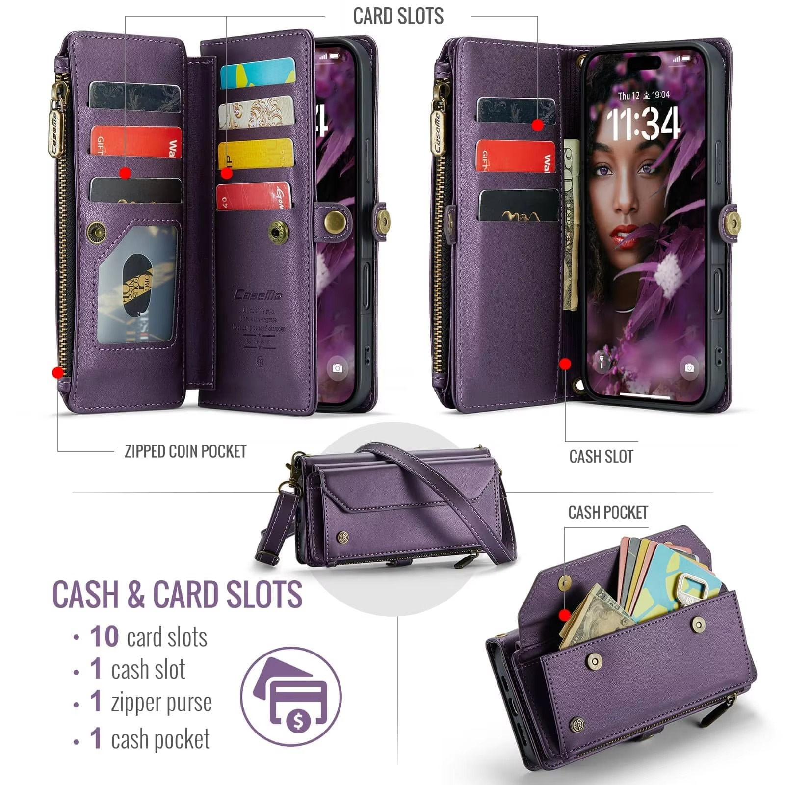 Luxury iPhone Case — Crossbody PU Leather Wallet Flip Cover with RFID Blocking, 7–10 Card Slots, Wristlet Strap & Shockproof Full-Body Protection