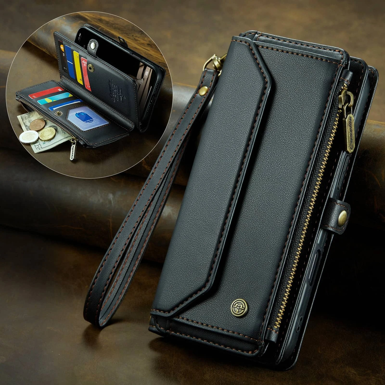 Luxury iPhone Case — Crossbody PU Leather Wallet Flip Cover with RFID Blocking, 7–10 Card Slots, Wristlet Strap & Shockproof Full-Body Protection