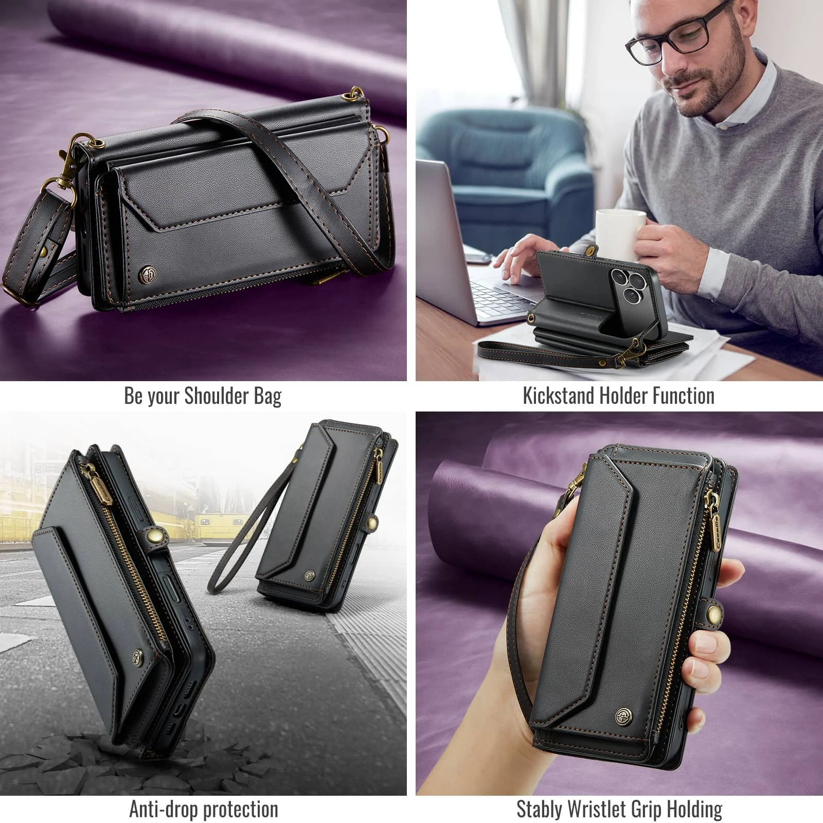 Luxury iPhone Case — Crossbody PU Leather Wallet Flip Cover with RFID Blocking, 7–10 Card Slots, Wristlet Strap & Shockproof Full-Body Protection