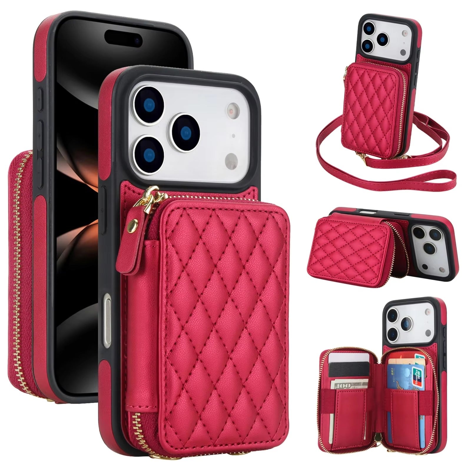 Luxury iPhone Case — Crossbody RFID-Blocking Folio Wallet with Zipper Handbag, Kickstand, Card Slots, Wrist Strap and Lanyard