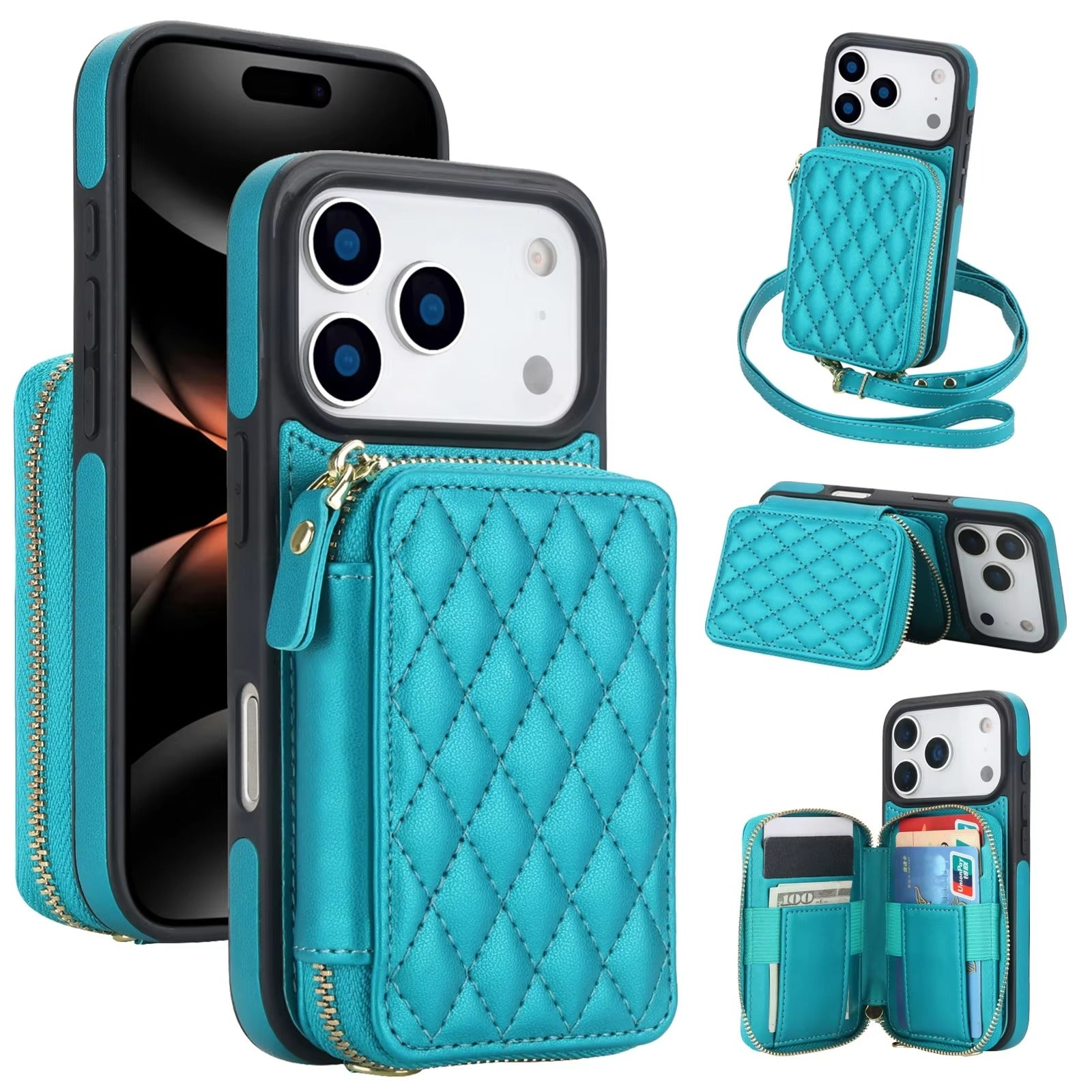 Luxury iPhone Case — Crossbody RFID-Blocking Folio Wallet with Zipper Handbag, Kickstand, Card Slots, Wrist Strap and Lanyard