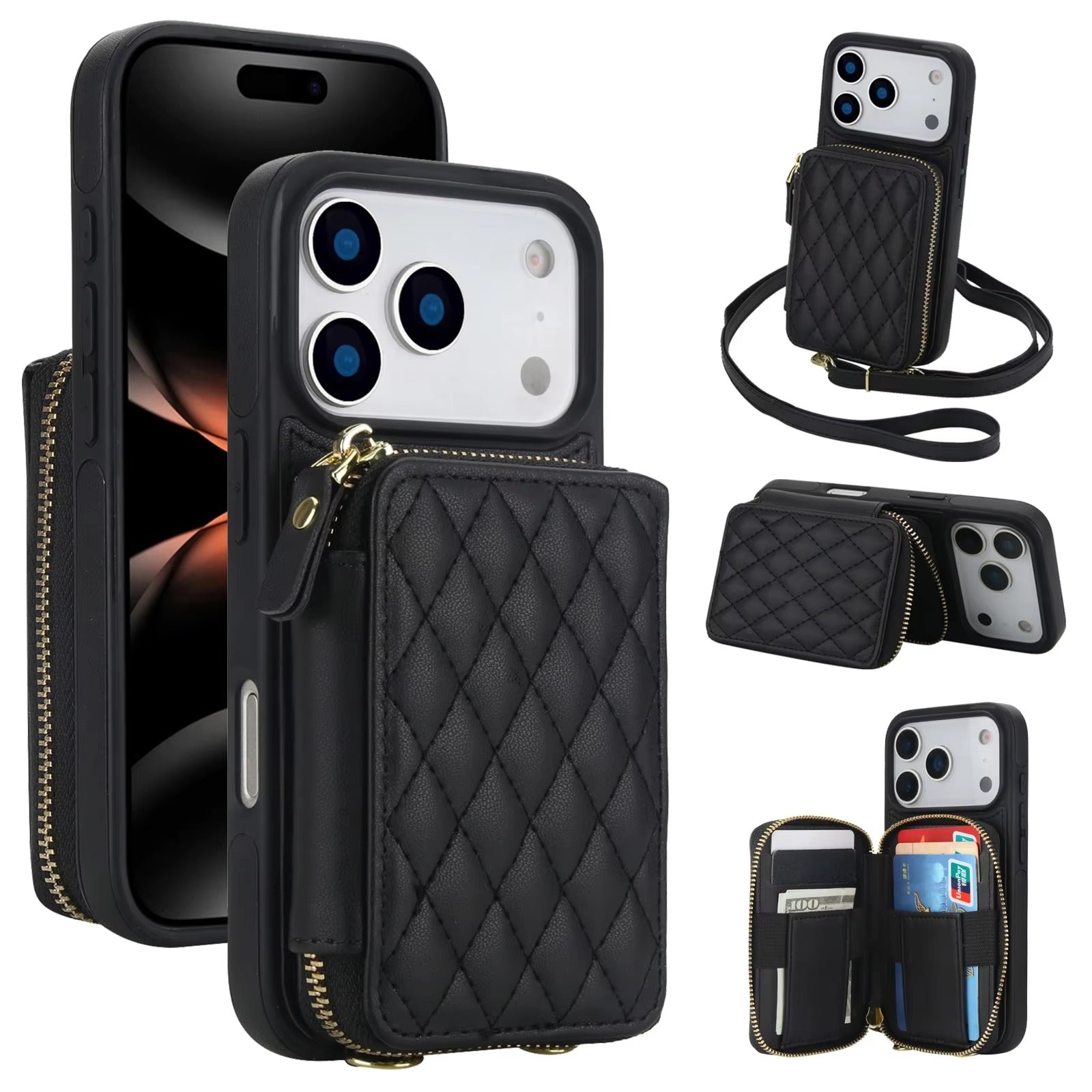 Luxury iPhone Case — Crossbody RFID-Blocking Folio Wallet with Zipper Handbag, Kickstand, Card Slots, Wrist Strap and Lanyard
