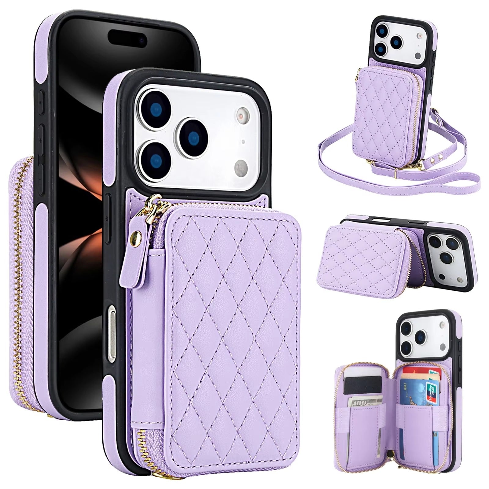 Luxury iPhone Case — Crossbody RFID-Blocking Folio Wallet with Zipper Handbag, Kickstand, Card Slots, Wrist Strap and Lanyard