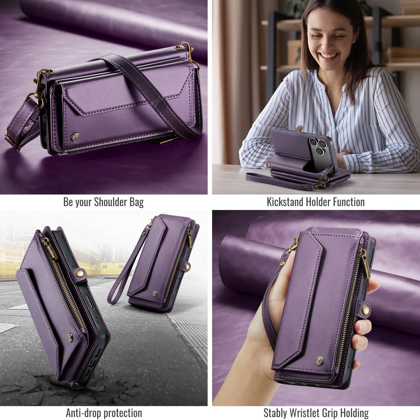 Luxury iPhone Case — Crossbody RFID-Blocking PU Leather Wallet Cover with 7–10 Card Holder, Wristlet & Shoulder Strap, Shockproof Soft Protective Design
