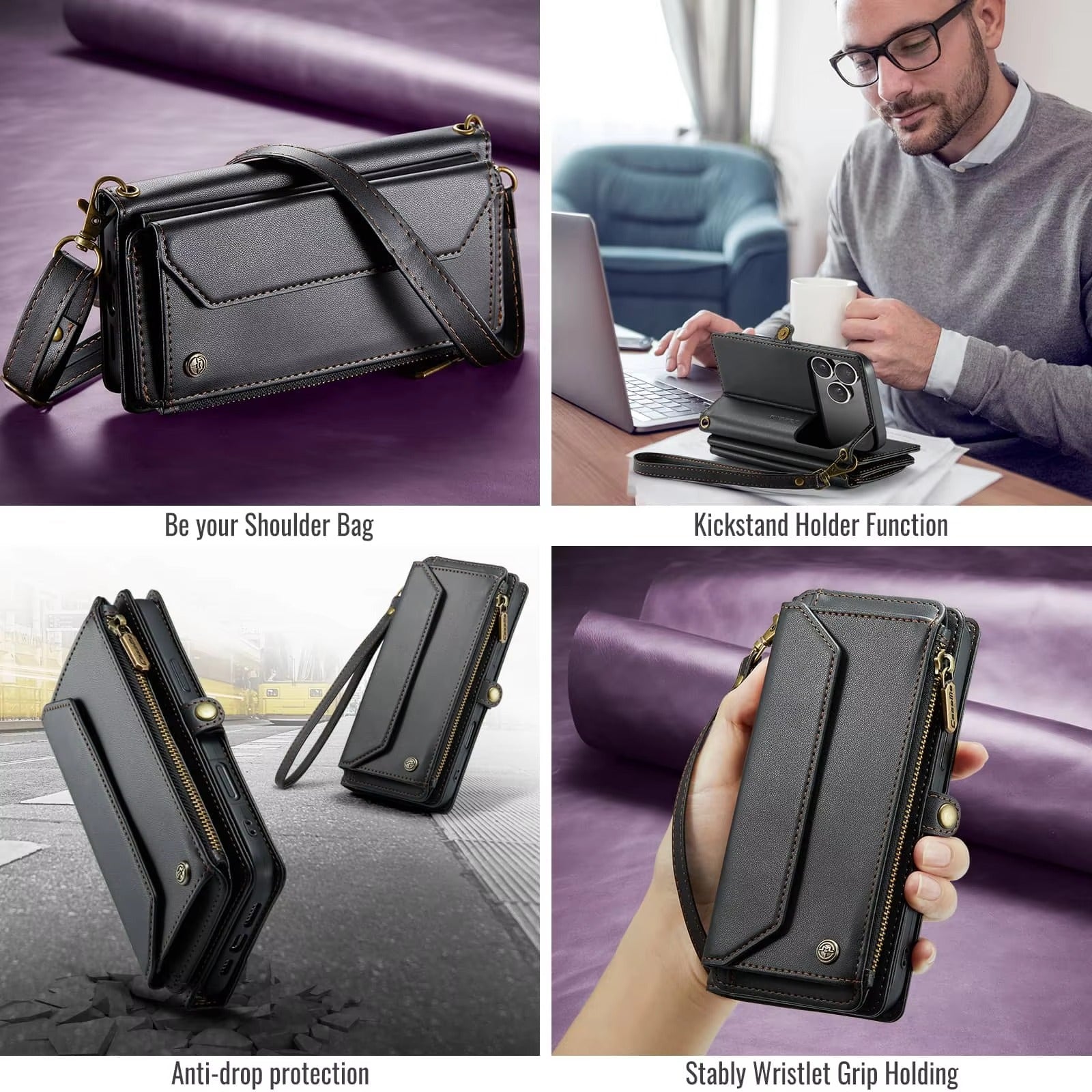Luxury iPhone Case — Crossbody RFID-Blocking PU Leather Wallet Cover with 7–10 Card Holder, Wristlet & Shoulder Strap, Shockproof Soft Protective Design