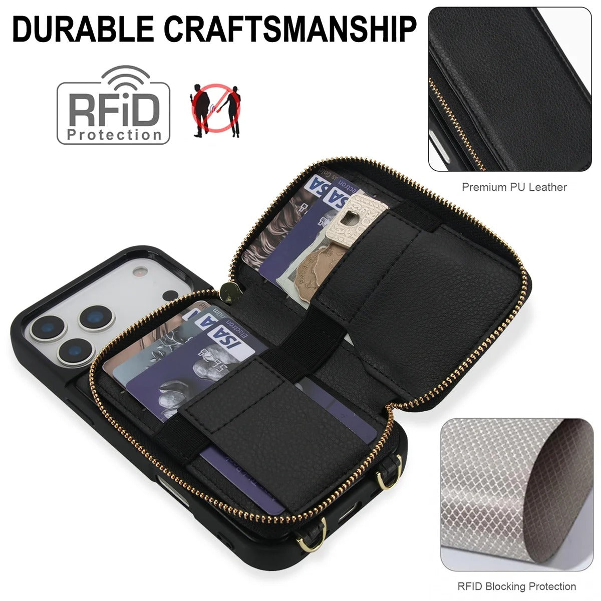 Luxury iPhone Case — Crossbody Zipper Wallet Flip Leather Cover with Card Slot, RFID Pocket and Secure Shoulder Strap Design