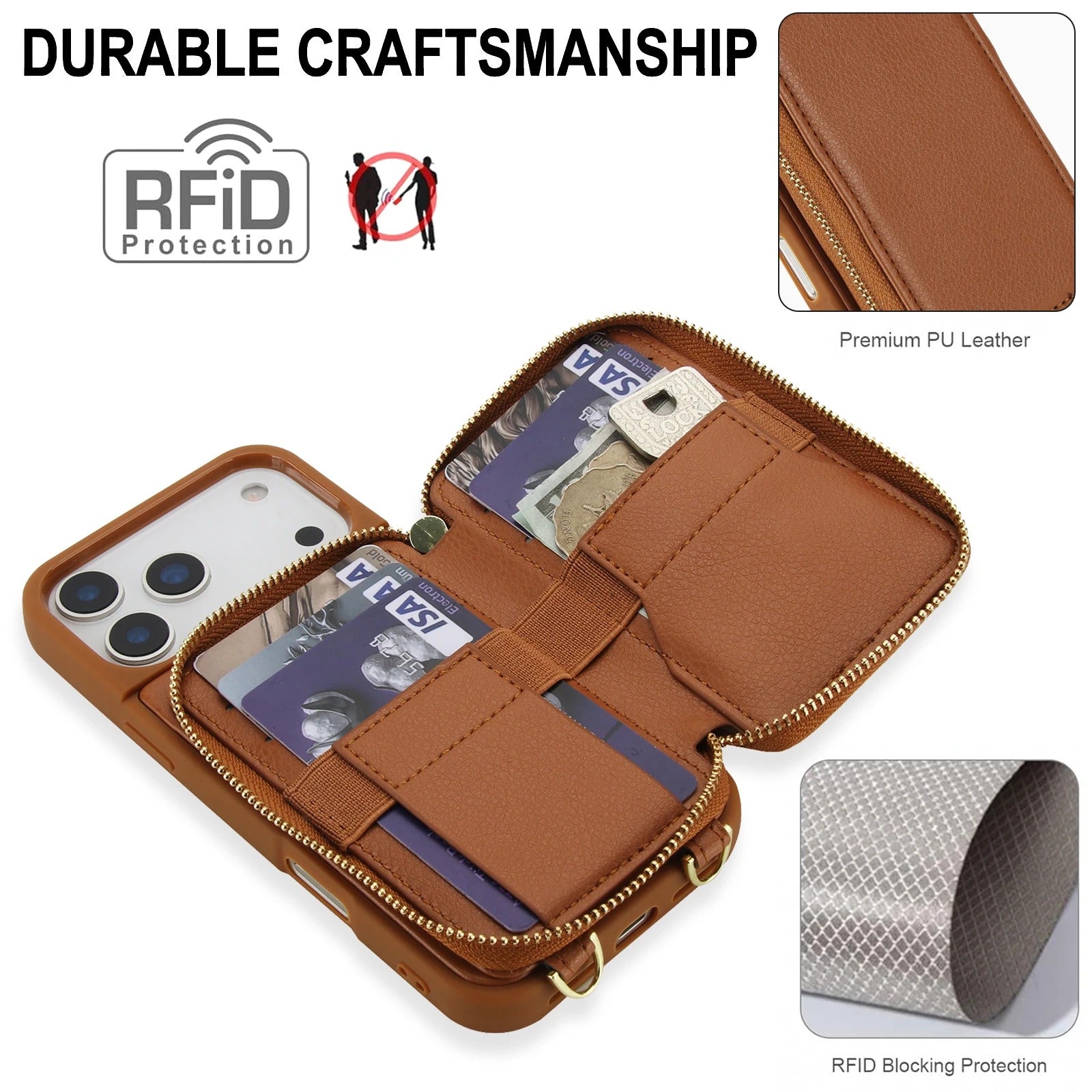 Luxury iPhone Case — Crossbody Zipper Wallet Flip Leather Cover with Card Slot, RFID Pocket and Secure Shoulder Strap Design