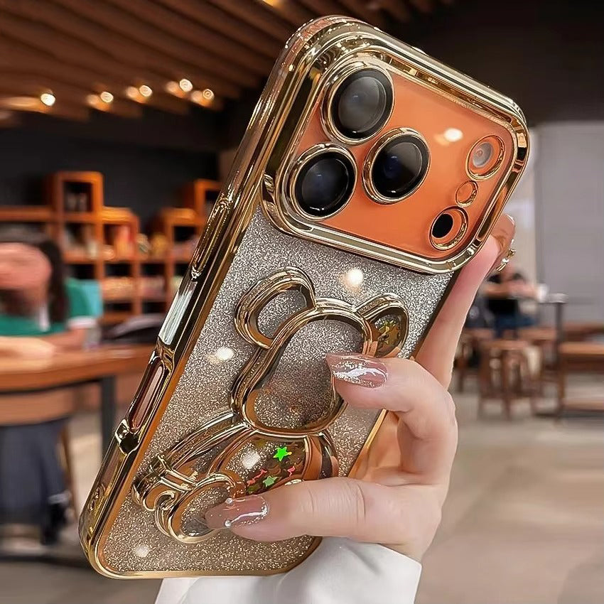 Luxury iPhone Case — Cute Glitter Quicksand Bear Cover with Plating Camera Protector, Shockproof Water-Resistant Acrylic Design & Dustproof Cartoon Style