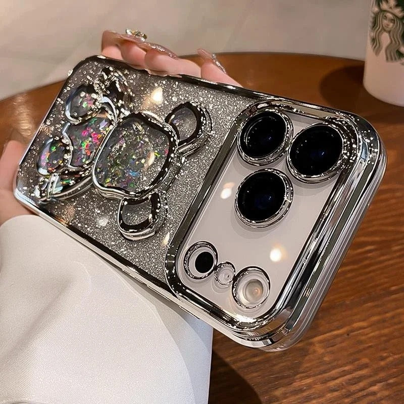 Luxury iPhone Case — Cute Glitter Quicksand Bear Cover with Plating Camera Protector, Shockproof Water-Resistant Acrylic Design & Dustproof Cartoon Style