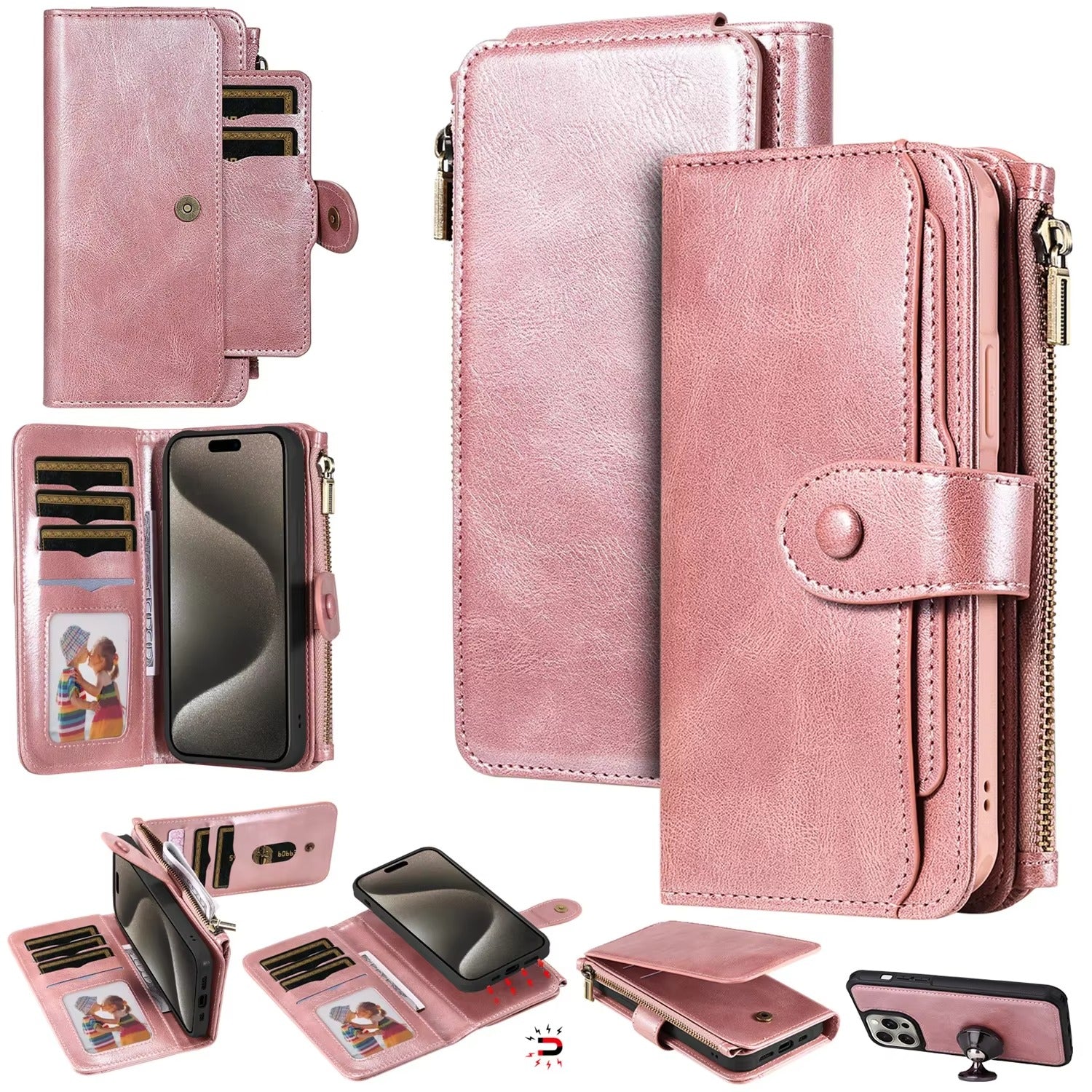 Luxury iPhone Case — Detachable Retro PU Leather Zipper Wallet Cover with Card Slots, Shockproof Anti-Fingerprint Protection & Dustproof Non-Slip Design