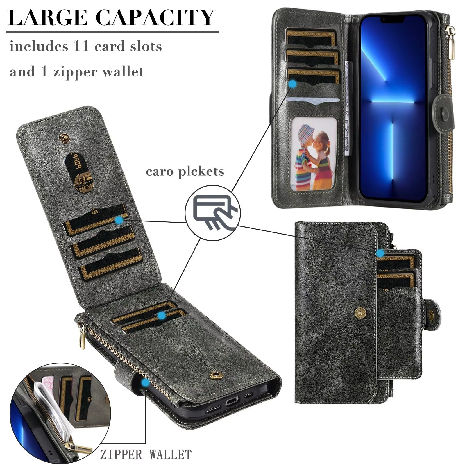 Luxury iPhone Case — Detachable Retro PU Leather Zipper Wallet Cover with Card Slots, Shockproof Anti-Fingerprint Protection & Dustproof Non-Slip Design