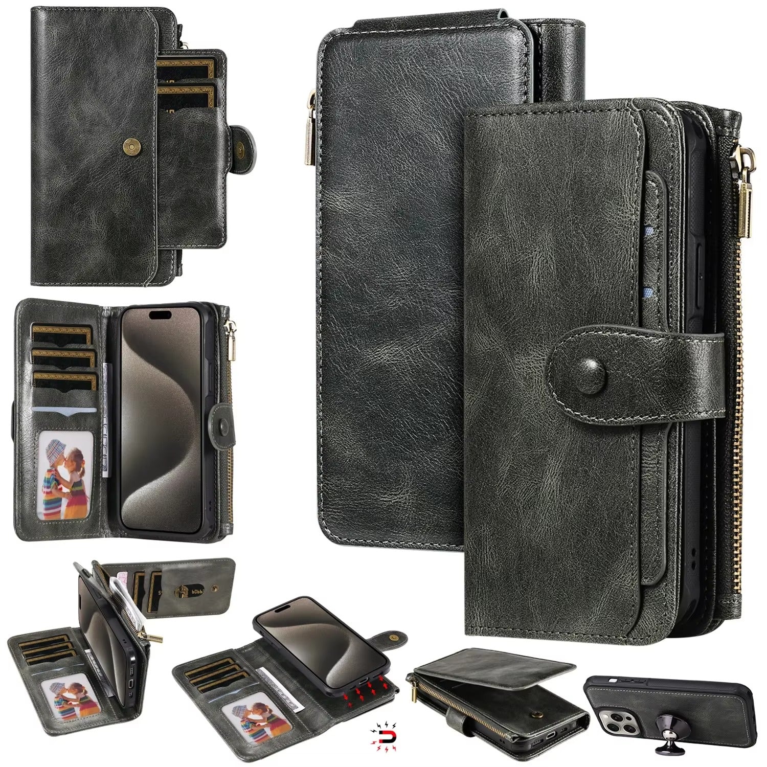 Luxury iPhone Case — Detachable Retro PU Leather Zipper Wallet Cover with Card Slots, Shockproof Anti-Fingerprint Protection & Dustproof Non-Slip Design
