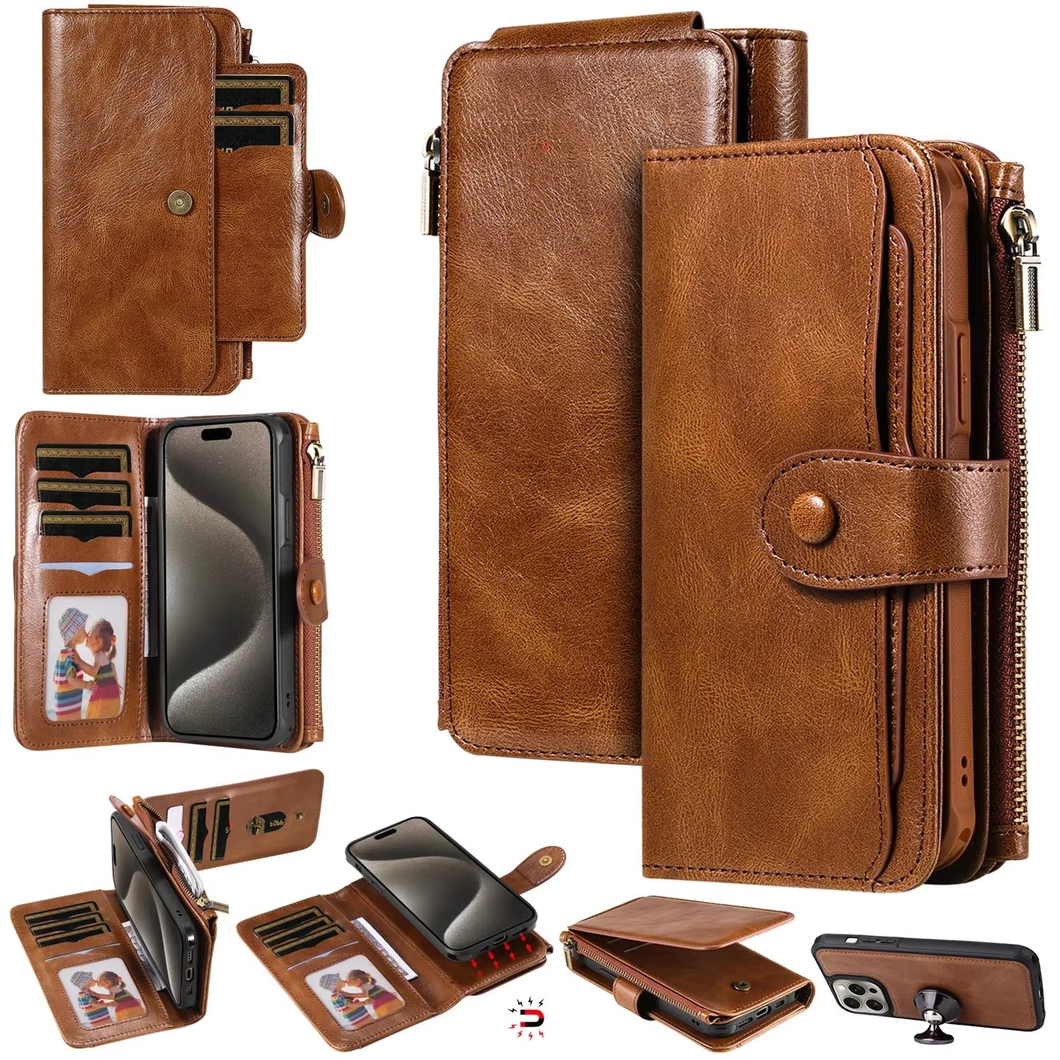 Luxury iPhone Case — Detachable Retro PU Leather Zipper Wallet Cover with Card Slots, Shockproof Anti-Fingerprint Protection & Dustproof Non-Slip Design