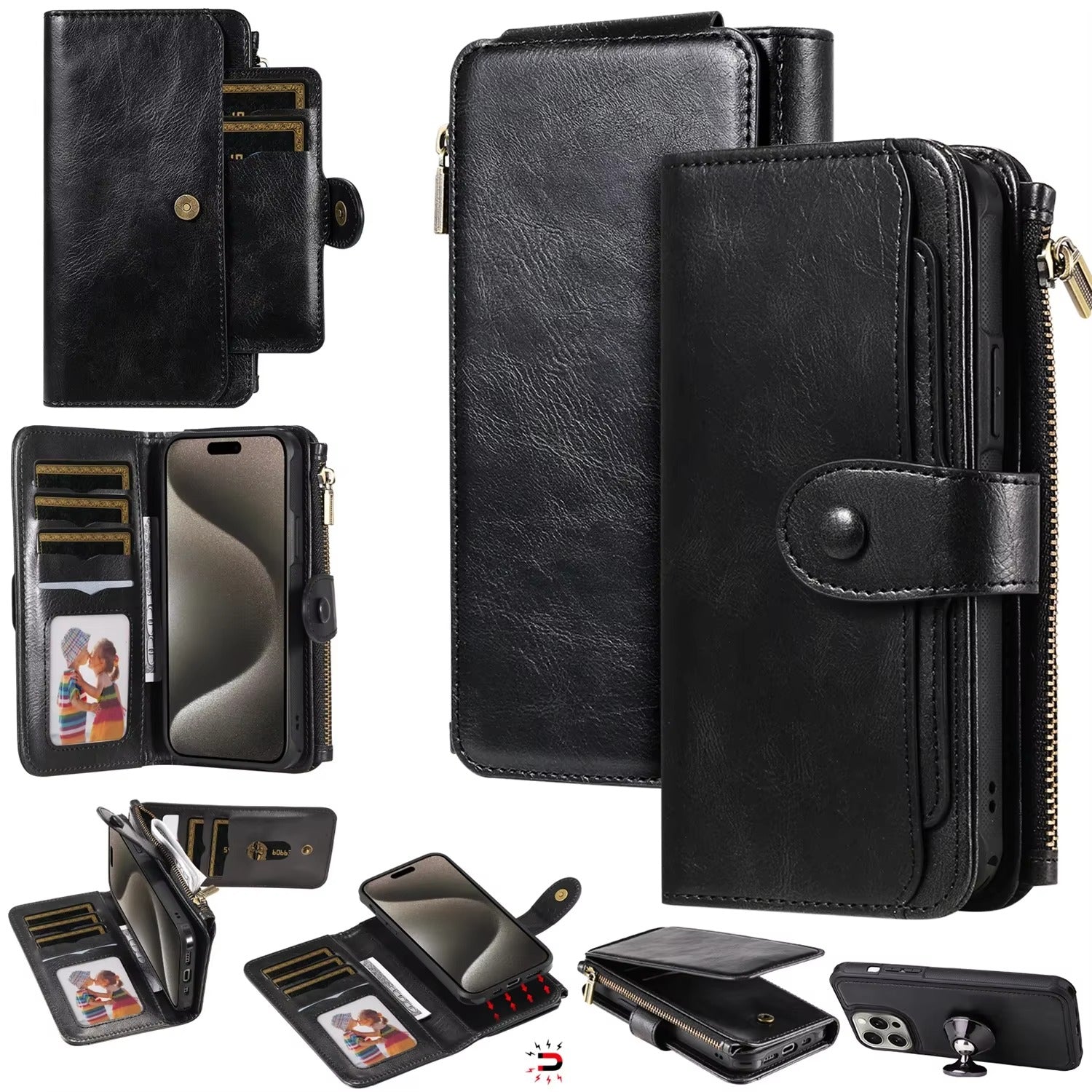 Luxury iPhone Case — Detachable Retro PU Leather Zipper Wallet Cover with Card Slots, Shockproof Anti-Fingerprint Protection & Dustproof Non-Slip Design