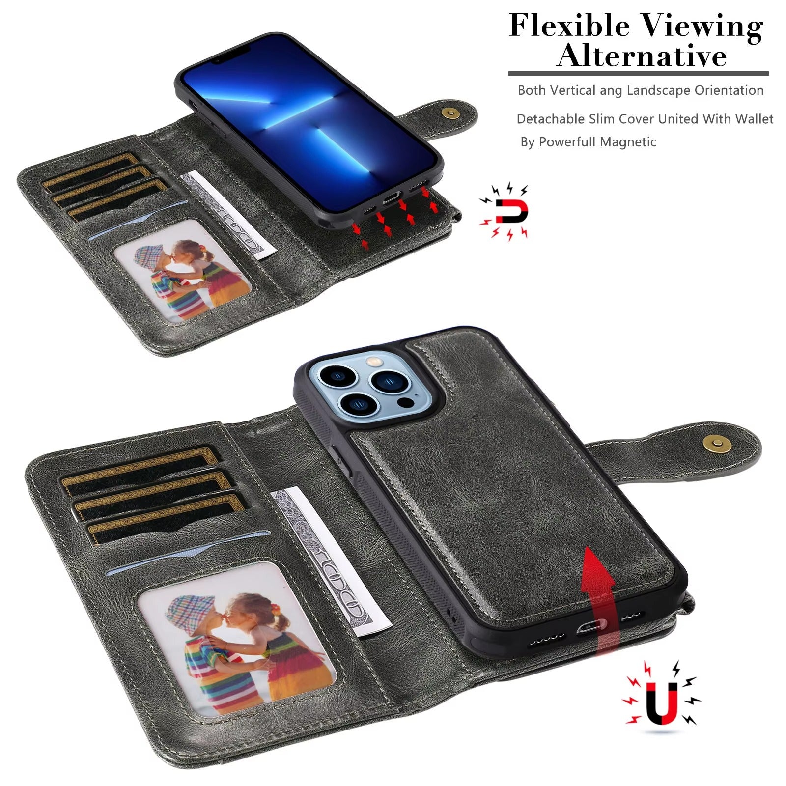 Luxury iPhone Case — Detachable Retro PU Leather Zipper Wallet Cover with Card Slots, Shockproof Anti-Fingerprint Protection & Dustproof Non-Slip Design