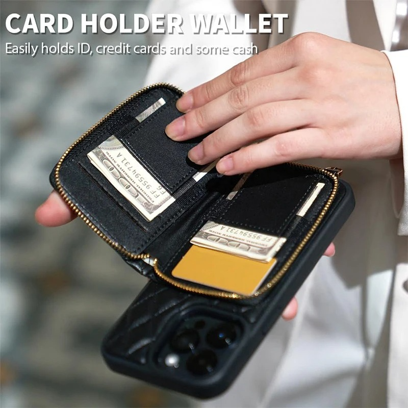 Luxury iPhone Case — Diamond-Stitch Crossbody Card Bag with Chain Strap, Shockproof Leather Design and Non-Slip Portable Protection