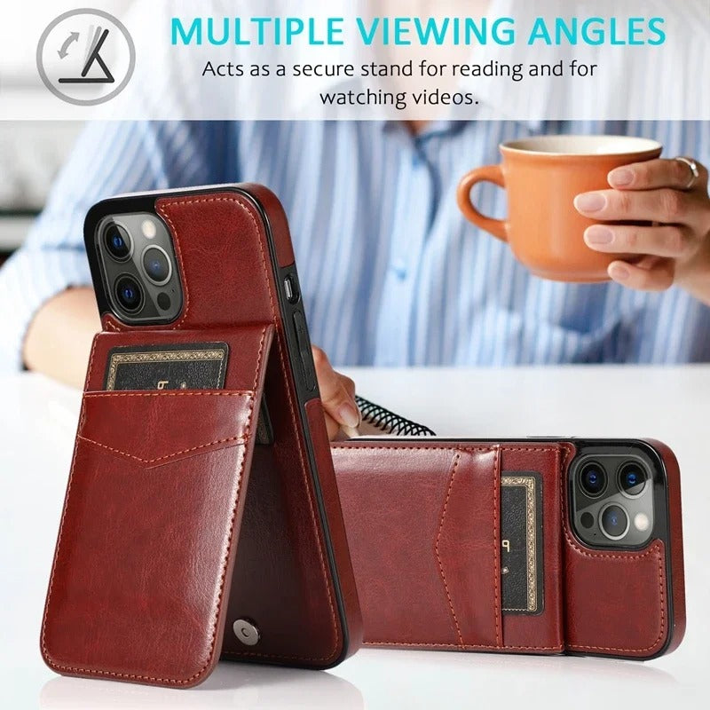 Luxury iPhone Case — Flip Stand Wallet with Card Holder, Retro Leather Cover, Shockproof Anti-Fingerprint Protection, Full Access Design