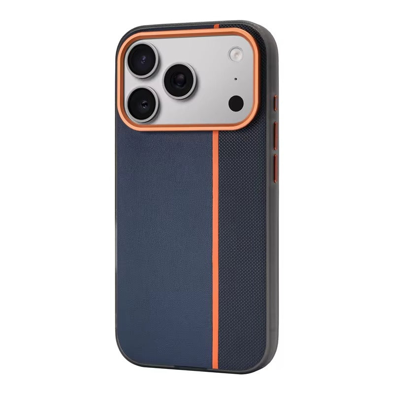 Luxury iPhone Case — Frosted PU Leather Texture MagSafe Armor Cover with Alloy Lens Protection, Matte Anti-Fingerprint Finish and Shockproof TPU Edge Design